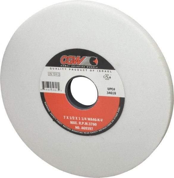 Camel Grinding Wheels - 7" Diam x 1-1/4" Hole x 1/2" Thick, K Hardness, 46 Grit Surface Grinding Wheel - Aluminum Oxide, Type 1, Coarse Grade, 3,760 Max RPM, Vitrified Bond, No Recess - Exact Tool & Supply