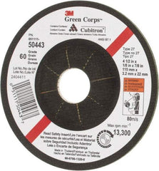 3M - 60 Grit, 4-1/2" Wheel Diam, 1/8" Wheel Thickness, 7/8" Arbor Hole, Type 27 Depressed Center Wheel - Ceramic, 13,300 Max RPM - Exact Tool & Supply