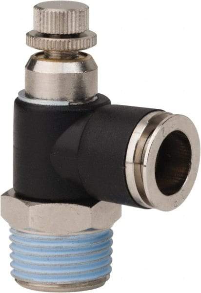 PRO-SOURCE - 1/2" NPT x 1/2" Tube OD Right Angle Flow Control Valve - 0 to 113.76 psi & Techno Polymer, Brass, Steel Material - Exact Tool & Supply
