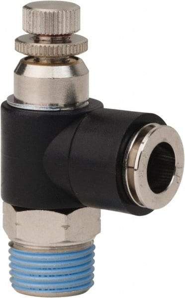 PRO-SOURCE - 3/8" NPT x 3/8" Tube OD Right Angle Flow Control Valve - 0 to 113.76 psi & Techno Polymer, Brass, Steel Material - Exact Tool & Supply