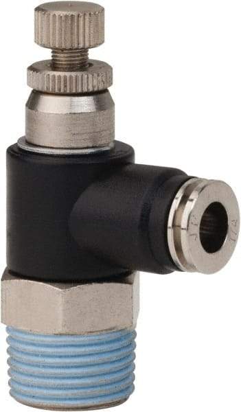 PRO-SOURCE - 3/8" NPT x 1/4" Tube OD Right Angle Flow Control Valve - 0 to 113.76 psi & Techno Polymer, Brass, Steel Material - Exact Tool & Supply