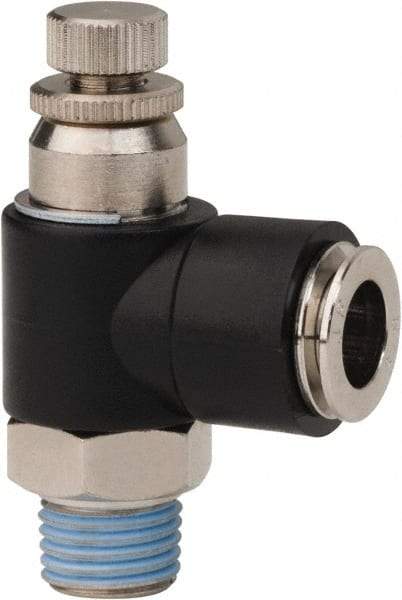 PRO-SOURCE - 1/4" NPT x 3/8" Tube OD Right Angle Flow Control Valve - 0 to 113.76 psi & Techno Polymer, Brass, Steel Material - Exact Tool & Supply