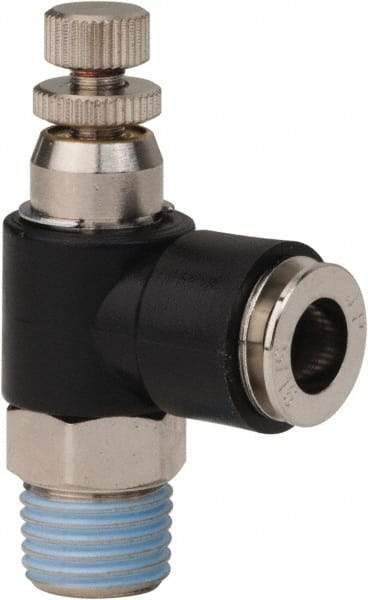 PRO-SOURCE - 1/4" NPT x 5/16" Tube OD Right Angle Flow Control Valve - 0 to 113.76 psi & Techno Polymer, Brass, Steel Material - Exact Tool & Supply