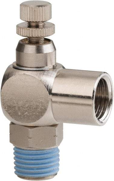 PRO-SOURCE - 1/4" Male NPT x 1/4" Female NPT Right Angle Flow Control Valve - 0 to 113.76 psi & Nickel Plated Brass Material - Exact Tool & Supply