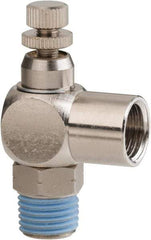 PRO-SOURCE - 1/4" Male NPT x 1/4" Female NPT Right Angle Flow Control Valve - 0 to 113.76 psi & Nickel Plated Brass Material - Exact Tool & Supply