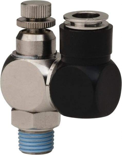 Value Collection - 1/4" Male NPT x 3/8" Tube OD Flow Control Offset Inline Valve - 0 to 113.76 psi & Techno Polymer, Brass, Steel Material - Exact Tool & Supply