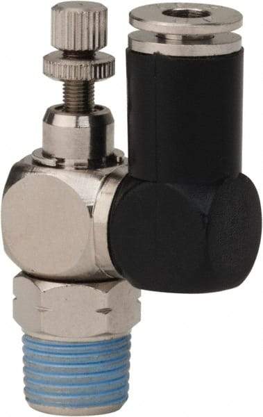 Value Collection - 1/8" Male NPT x 5/32" Tube OD Flow Control Offset Inline Valve - 0 to 113.76 psi & Techno Polymer, Brass, Steel Material - Exact Tool & Supply