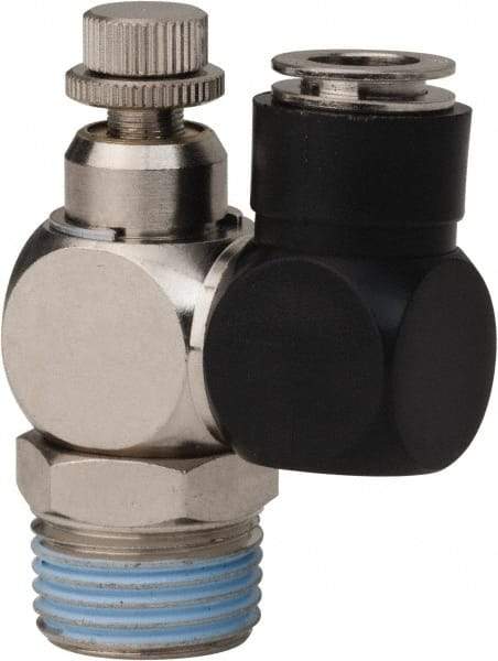 Value Collection - 1/2" Male NPT x 3/8" Tube OD Flow Control Offset Inline Valve - 0 to 113.76 psi & Techno Polymer, Brass, Steel Material - Exact Tool & Supply