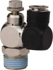 Value Collection - 1/2" Male NPT x 3/8" Tube OD Flow Control Offset Inline Valve - 0 to 113.76 psi & Techno Polymer, Brass, Steel Material - Exact Tool & Supply