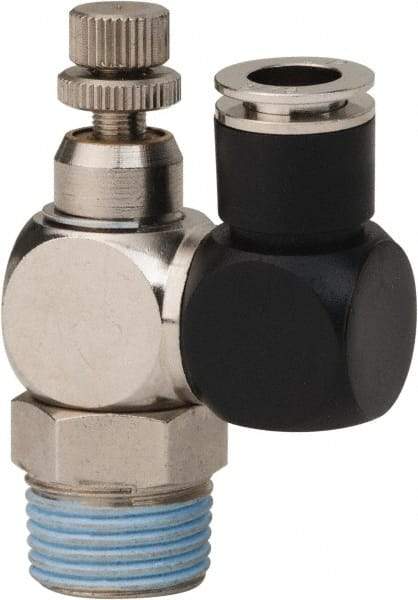 Value Collection - 3/8" Male NPT x 5/16" Tube OD Flow Control Offset Inline Valve - 0 to 113.76 psi & Techno Polymer, Brass, Steel Material - Exact Tool & Supply