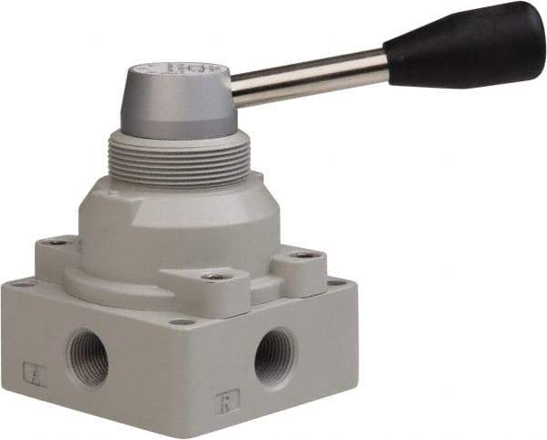 PRO-SOURCE - 3/8" NPT Manual Mechanical Valve - 4-Way, 3 Position, Lever, 0.98 CV Rate & 127.98 Max psi - Exact Tool & Supply