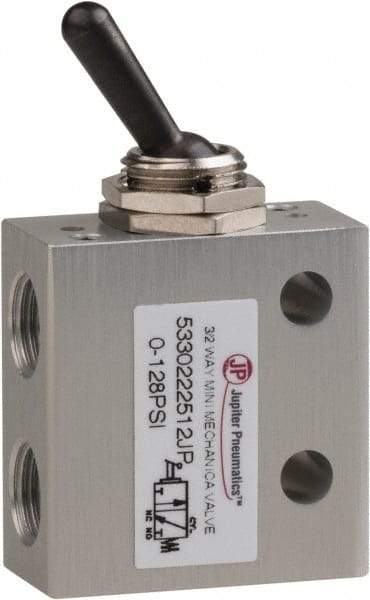 PRO-SOURCE - 1/8" NPT 3 Way, 2 Position Mini Mechanical Valve - 0.298 CV Rate, 7 CFM, 127.98 Max psi, Toggle/Manual Actuator - Exact Tool & Supply