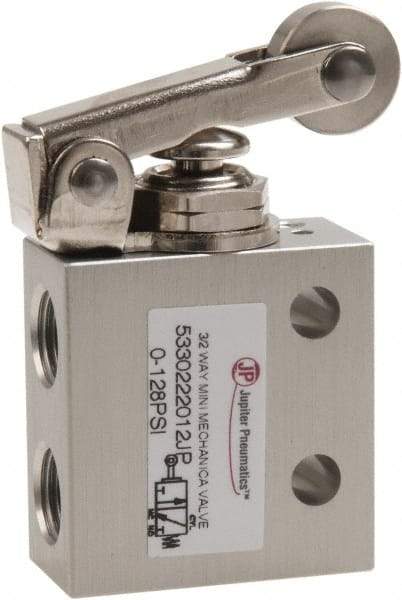 Value Collection - 1/8" NPT 3 Way, 2 Position Mini Mechanical Valve - 0.298 CV Rate, 7 CFM, 127.98 Max psi, Roller Lever/Spring Actuator - Exact Tool & Supply