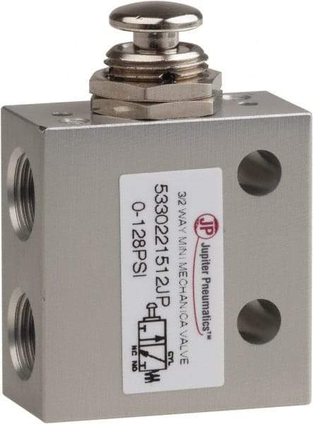 PRO-SOURCE - 1/8" NPT 3 Way, 2 Position Mini Mechanical Valve - 0.298 CV Rate, 7 CFM, 127.98 Max psi, Palm Button/Spring Actuator - Exact Tool & Supply