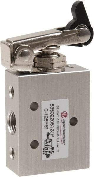 Value Collection - 1/8" NPT 5 Way, 2 Position Mini Mechanical Valve - 0.34 CV Rate, 9 CFM, 127.98 Max psi, One Way Roller/Spring Actuator - Exact Tool & Supply