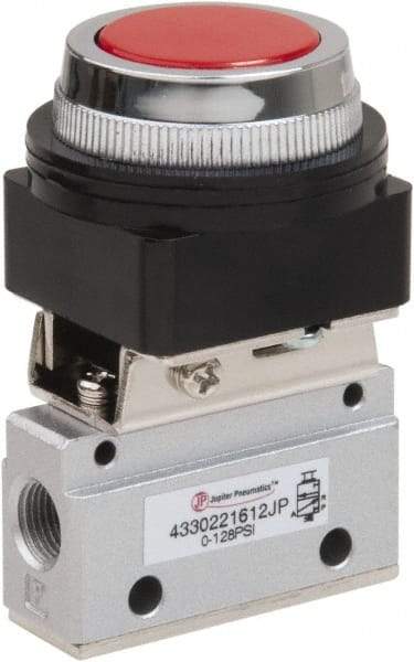 PRO-SOURCE - 1/8" NPT Mechanically Operated Air Valve - 3 Way, 2 Position, Flush Palm Button/Spring, 0.1 CV Rate & 127.98 Max psi - Exact Tool & Supply