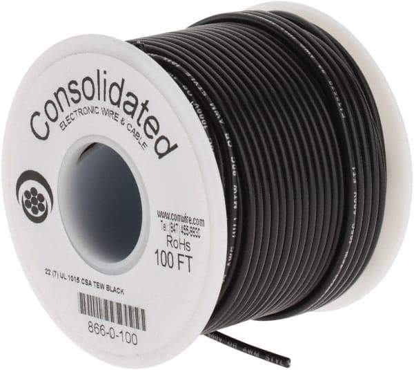 Made in USA - 22 AWG, 7 Strand, 100' OAL, Tinned Copper Hook Up Wire - Black PVC Jacket, 0.091" Diam - Exact Tool & Supply