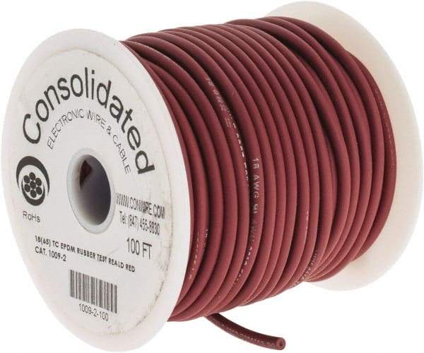 Made in USA - 18 AWG, 65 Strand, 100' OAL, Tinned Copper Hook Up Wire - Red EPDM Jacket, 0.145" Diam - Exact Tool & Supply