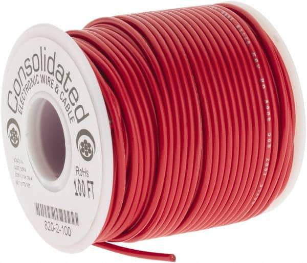 Made in USA - 20 AWG, 10 Strand, 100' OAL, Tinned Copper Hook Up Wire - Red PVC Jacket, 0.07" Diam - Exact Tool & Supply