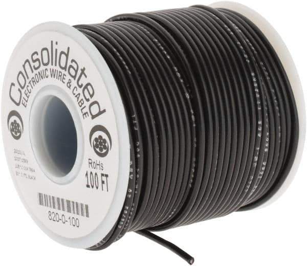 Made in USA - 20 AWG, 10 Strand, 100' OAL, Tinned Copper Hook Up Wire - Black PVC Jacket, 0.07" Diam - Exact Tool & Supply
