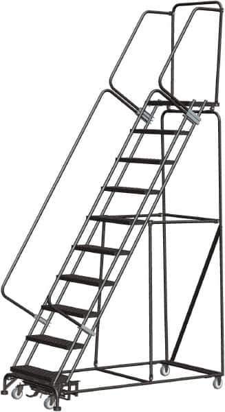 Ballymore - 133" 10 Step Rolling Warehouse Ladder - Lock Step Rolling Safety Ladder, 450 Lb Capacity, 100" Platform Height, 32" Base Width x 74" Base Depth, Perforated Tread - Exact Tool & Supply