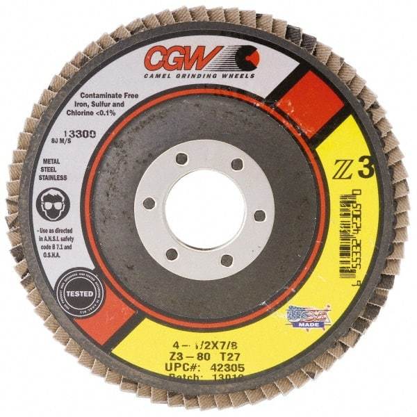 Camel Grinding Wheels - 80 Grit, 7" Disc Diam, 5/8-11 Center Hole, Type 27 Zirconia Alumina Flap Disc - 8,600 Max RPM, Poly Cotton Backing, Arbor Attaching System, Coated - Exact Tool & Supply