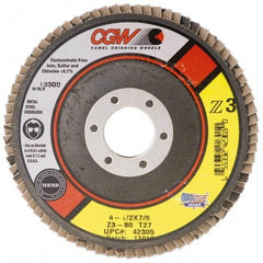 Camel Grinding Wheels - 80 Grit, 7" Disc Diam, 5/8-11 Center Hole, Type 27 Zirconia Alumina Flap Disc - 8,600 Max RPM, Poly Cotton Backing, Arbor Attaching System, Coated - Exact Tool & Supply