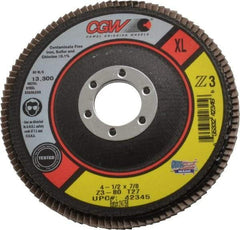 Camel Grinding Wheels - 80 Grit, 4-1/2" Disc Diam, 7/8" Center Hole, Type 27 Zirconia Alumina Flap Disc - 13,300 Max RPM, Poly Cotton Backing, Arbor Attaching System, Coated - Exact Tool & Supply
