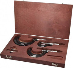 Starrett - 0 to 3" Range, 3 Piece Mechanical Outside Micrometer Set - 0.0001" Graduation, Ratchet Stop Thimble, Carbide Tipped Face - Exact Tool & Supply