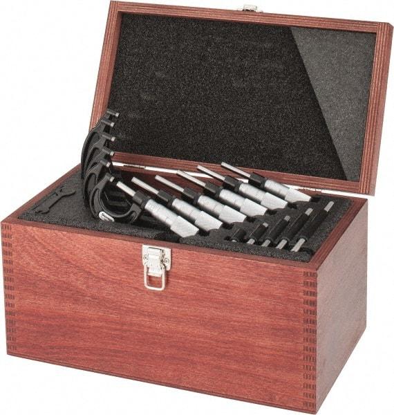 Starrett - 0 to 6" Range, 6 Piece Mechanical Outside Micrometer Set - 0.0001" Graduation, Ratchet Stop Thimble, Carbide Tipped Face - Exact Tool & Supply