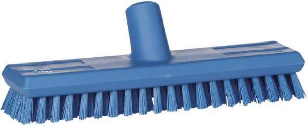 Vikan - 1" Bristle Length, Polyester Scrub Brush - 10-5/8" Long x 2-1/2" Wide Head, 11" OAL, European Threaded Handle, Blue, Polypropylene Block - Exact Tool & Supply