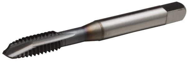 OSG - 7/16-14 UNC, 3 Flute, TiCN Finish, Vanadium High Speed Steel Spiral Point Tap - Plug Chamfer, Right Hand Thread, 3-5/32" OAL, 1-7/16" Thread Length, 0.323" Shank Diam, Series 300 - Exact Tool & Supply