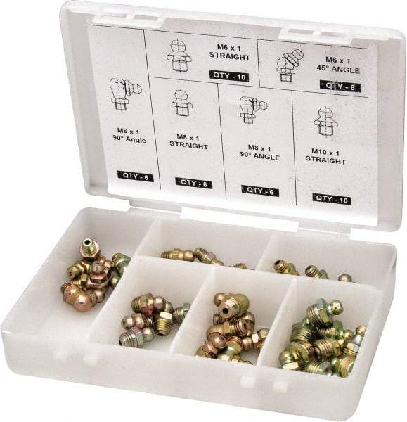 PRO-LUBE - 44 Piece, Metric, Box Plastic Steel Grease Fitting Set - Includes Metric Thread Types, Includes M10x1: (10) Straight, M6x1: (10) Straight, (6) 45°, (6) 90°, M8x1: (8) Straight, (8) 90° - Exact Tool & Supply