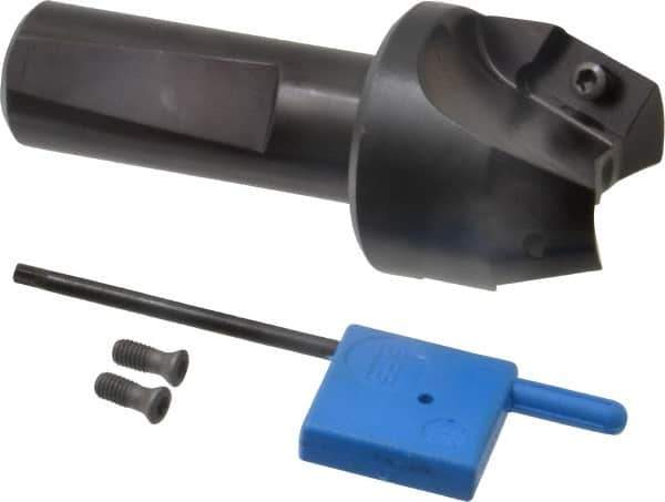 Kyocera - 20° Lead Angle, 1" Max Cut Diam, 1" Min Cut Diam, 35/64" Max Depth of Cut, Indexable Chamfer and Angle End Mill - 2 Inserts, XPMT 15T3.. Insert Style, 3.15" Overall Length, Straight Shank - Exact Tool & Supply