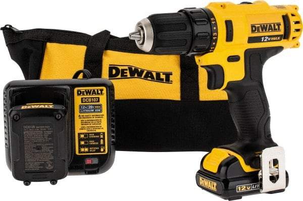 DeWALT - 12 Volt 3/8" Chuck Pistol Grip Handle Cordless Drill - 0-400 & 0-1500 RPM, Keyless Chuck, Reversible, 2 Lithium-Ion Batteries Included - Exact Tool & Supply