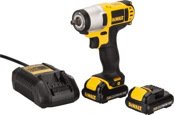 DeWALT - 3/8" Drive 12 Volt Pistol Grip Cordless Impact Wrench & Ratchet - 2,450 RPM, 0 to 3,400 BPM, 96 Ft/Lb Torque, 2 Lithium-Ion Batteries Included - Exact Tool & Supply