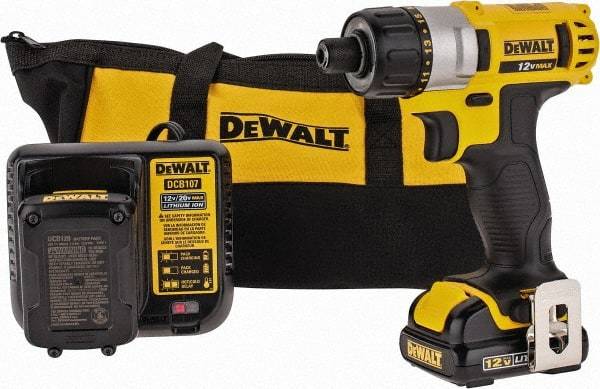 DeWALT - 12 Volt 1/4" Chuck Pistol Grip Handle Cordless Drill - 0-1050 RPM, Keyless Chuck, Reversible, 2 Lithium-Ion Batteries Included - Exact Tool & Supply