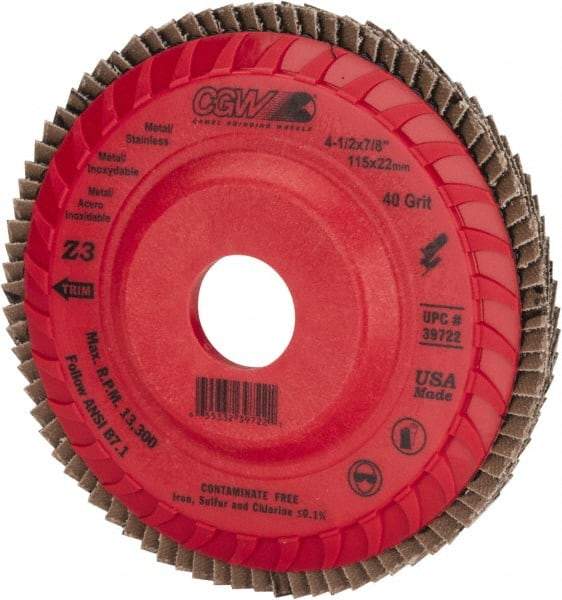 Camel Grinding Wheels - 40 Grit, 4-1/2" Disc Diam, 7/8" Center Hole, Type 27 Zirconia Alumina Flap Disc - 13,300 Max RPM, Poly Cotton Backing, Arbor Attaching System, Coated - Exact Tool & Supply