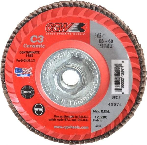 Camel Grinding Wheels - 60 Grit, 5" Disc Diam, 5/8-11 Center Hole, Type 27 Ceramic Flap Disc - 12,200 Max RPM, Polyester Backing, Arbor Attaching System, Coated - Exact Tool & Supply