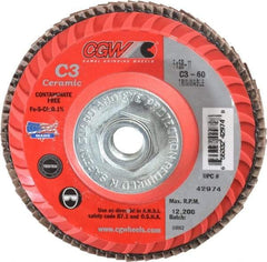 Camel Grinding Wheels - 60 Grit, 5" Disc Diam, 5/8-11 Center Hole, Type 27 Ceramic Flap Disc - 12,200 Max RPM, Polyester Backing, Arbor Attaching System, Coated - Exact Tool & Supply