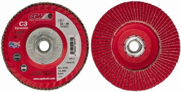 Camel Grinding Wheels - 40 Grit, 5" Disc Diam, 5/8-11 Center Hole, Type 27 Ceramic Flap Disc - 12,200 Max RPM, Polyester Backing, Arbor Attaching System, Coated - Exact Tool & Supply