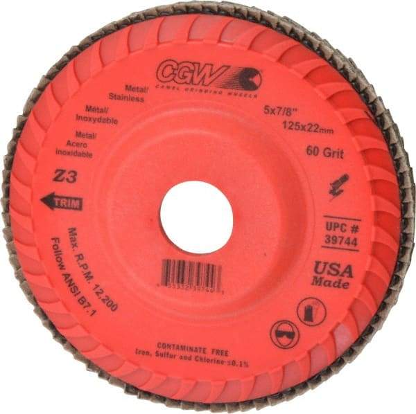 Camel Grinding Wheels - 60 Grit, 5" Disc Diam, 7/8" Center Hole, Type 27 Zirconia Alumina Flap Disc - 12,200 Max RPM, Poly Cotton Backing, Arbor Attaching System, Coated - Exact Tool & Supply