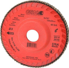 Camel Grinding Wheels - 60 Grit, 5" Disc Diam, 7/8" Center Hole, Type 27 Zirconia Alumina Flap Disc - 12,200 Max RPM, Poly Cotton Backing, Arbor Attaching System, Coated - Exact Tool & Supply