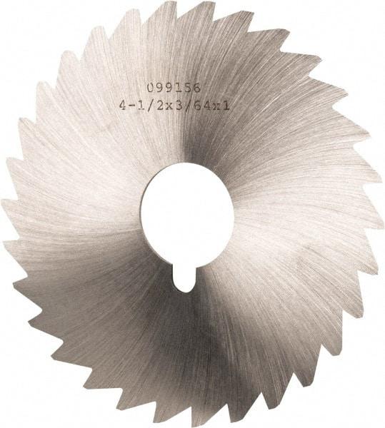 Made in USA - 4-1/2" Diam x 3/64" Blade Thickness x 1" Arbor Hole Diam, 36 Tooth Slitting and Slotting Saw - Arbor Connection, Right Hand, Uncoated, High Speed Steel, Concave Ground, Contains Keyway - Exact Tool & Supply