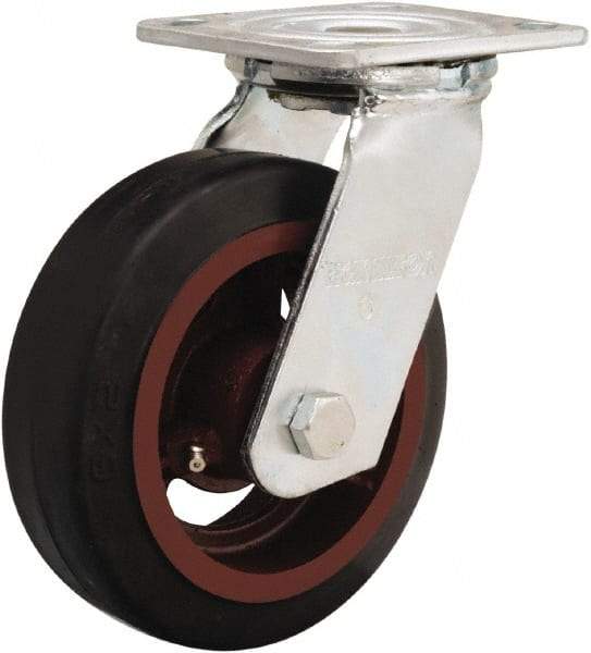 Hamilton - 6" Diam x 2" Wide x 7-1/2" OAH Top Plate Mount Swivel Caster - Rubber Mold on Cast Iron, 410 Lb Capacity, Straight Roller Bearing, 4 x 4-1/2" Plate - Exact Tool & Supply