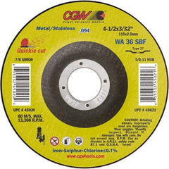 Camel Grinding Wheels - 36 Grit, 4" Wheel Diam, 3/32" Wheel Thickness, Type 27 Depressed Center Wheel - Medium Grade, Aluminum Oxide, Resinoid Bond, 15,300 Max RPM - Exact Tool & Supply