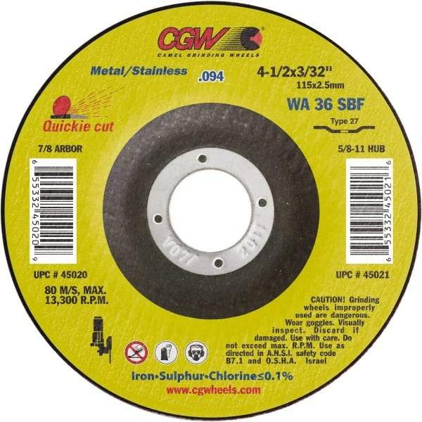 Camel Grinding Wheels - 36 Grit, 5" Wheel Diam, 3/32" Wheel Thickness, Type 27 Depressed Center Wheel - Medium Grade, Aluminum Oxide, Resinoid Bond, 12,250 Max RPM - Exact Tool & Supply