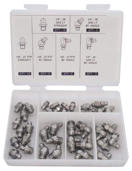 PRO-LUBE - 40 Piece, Inch, Box Plastic Stainless Steel Grease Fitting Set - Includes PTF, UNF Thread Types, Includes 1/4-28 SAE-LT: (10) Straight, (5) 45°, (5) 90°, 1/8-27 PTF: (10) Straight, (5) 45°, (5) 90° - Exact Tool & Supply