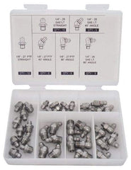 PRO-LUBE - 40 Piece, Inch, Box Plastic Stainless Steel Grease Fitting Set - Includes PTF, UNF Thread Types, Includes 1/4-28 SAE-LT: (10) Straight, (5) 45°, (5) 90°, 1/8-27 PTF: (10) Straight, (5) 45°, (5) 90° - Exact Tool & Supply