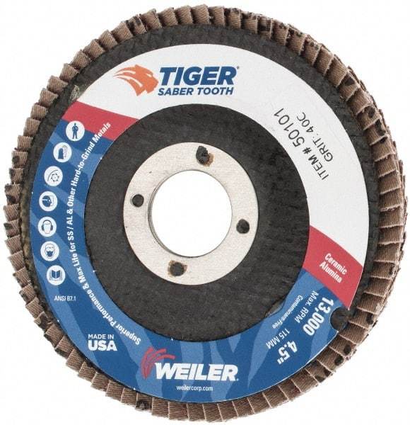 Weiler - 40 Grit, 4-1/2" Disc Diam, 7/8" Center Hole, Type 29 Ceramic Flap Disc - 13,000 Max RPM, Phenolic Backing, Arbor Attaching System, Coated - Exact Tool & Supply